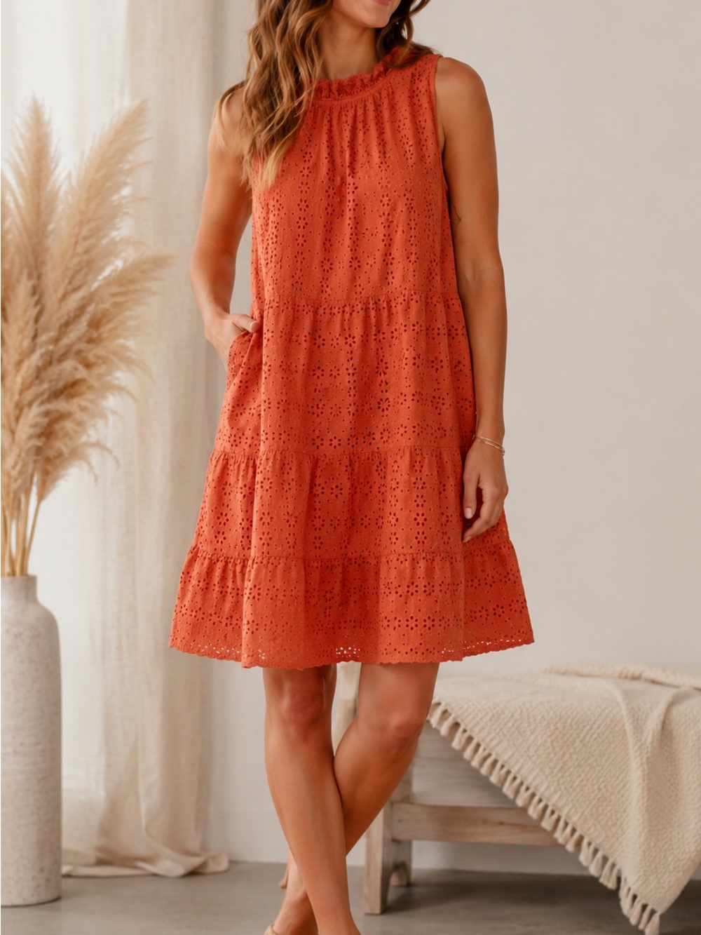LOFT Sleeveless Eyelet Tiered Mini Dress - Terracotta